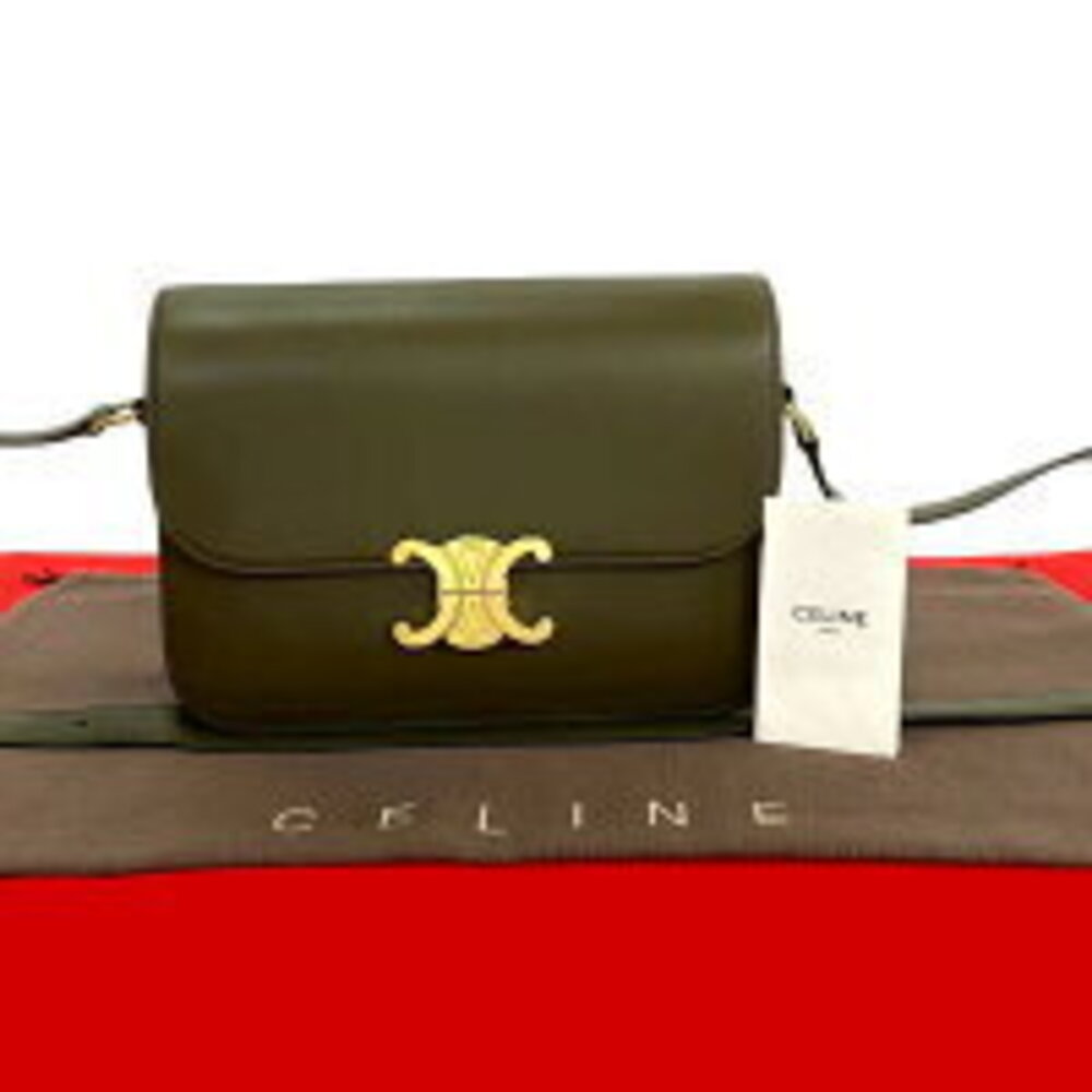 Celine Triomphe logo leather Shoulder Bag sacoche Khaki Green - Picture 1 of 8